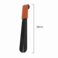 Stainless steel shoehorn with brown leather handle grip, 30cm long thick metal shoe lifter. - 30cm Curved Hook Shoehorn with Leather Case (Black Lacquer)