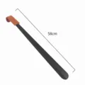 Long stainless steel shoehorn with brown leather handle grip, 58cm metal shoe lifter. - 58cm Curved Hook Shoehorn with Leather Case (Black Lacquer)