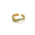 Goldener offener Ring mit modischem blauem Emaille Wellen Design fuer den Strandurlaub. - Einheitsgröße / Wellenmuster Emaille Stil (JZ6939G)