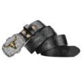 Vintage Western Cowboy Black Leather Belt Featuring Large Bull Skull Buckle Punk - Black