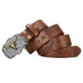 Vintage western cowboy leather belt with bull skull metal buckle and floral embossed design. - Brown