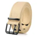 Khaki canvas belt with black double pin buckle, casual style for men and women daily wear. - Khaki