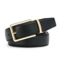 Detailed view of black leather belt featuring a sleek gold pin buckle and neat stitching. - Style 2