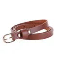 Detail view of a chic brown women's thin PU leather belt with gold pin buckle for dresses. - 95-115cm / Red