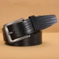 Men casual black leather belt detail shot showing wave texture and gunmetal buckle close up. - Mixed Buckles, Black, Style 1 / 115cm