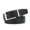 Detailed view of black genuine leather belt with classic silver pin buckle, premium texture. - Style 8
