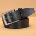 Detailed view of men casual black leather belt with textured pattern and grey pin buckle. - Mixed Buckles, Black, Style 2 / 115cm