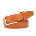 Detailed view of brown genuine leather belt with classic silver pin buckle, premium casual style. - Style 10