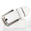 Men's white leather belt closeup, featuring a sleek metal pin buckle and debossed design. - White