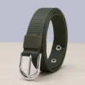 Detailed view of army green nylon canvas belt with shiny silver metal buckle and eyelets. - 105cm / Army Green