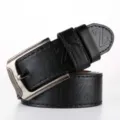 Men casual leather belt with silver metal pin buckle and stylish embossed strap design. - Black