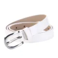 Detailed view of a white patent leather women belt with a sleek silver buckle close up. - 95-115cm / White