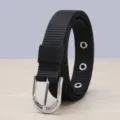 Black nylon canvas belt detail view, durable metal buckle and grommets for daily wear. - 105cm / Black