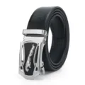 Close-up of the silver automatic metal buckle with leaping cat emblem on black leather. - Style 7
