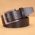 Detail view of men's casual brown PU leather belt featuring geometric embossing and pin buckle. - Mixed Buckles, Coffee, Style 3 / 115cm