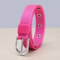 Close-up detail of women's bright pink nylon woven canvas belt with silver metal pin buckle. - 105cm / Light Red