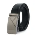 Close-up of black leather belt detail with brushed metal automatic buckle craftsmanship. - Style 8