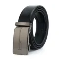 Black leather belt detail with automatic metal buckle, showing texture and clean craftsmanship. - Style 9