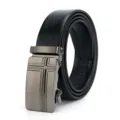 Close-up detail of the stylish black leather men's belt featuring a sleek metallic automatic buckle. - Style 10