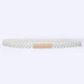 Close-up detail of a multi-row pearl waist belt featuring a shiny gold rectangular metal buckle. - 4