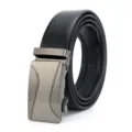 Detail view of a black mens leather belt featuring a sleek metal automatic buckle. - Style 14