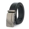 Close-up detail of men's leather belt with automatic metallic buckle and textured black strap. - Style 19