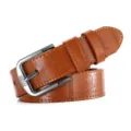 Men vintage brown leather belt with stylish skull embossed pattern and metal pin buckle. - 115cm / Camel