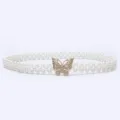 Detailed view of pearl waist belt with sparkling rhinestone butterfly buckle accessory. - 12