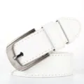 Detailed view of white leather belt featuring silver metal pin buckle and clean stitching. - White / 95-115cm