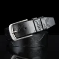 Detailed shot of men's black leather belt with metallic pin buckle and embossed pattern. - L-002 / 125cm / Black