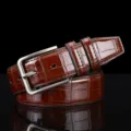 Men vintage crocodile pattern leather belt with silver pin buckle detail close up - L-001 / 125cm / Brown