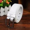 White PU leather men's belt with stylish metal pin buckle and neat stitching details. - 95-115cm / White
