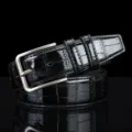Men black crocodile embossed leather belt with silver metal pin buckle for casual jeans. - L-001 / 125cm / Black