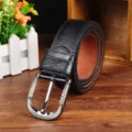 Detailed view of black PU leather men's belt with silver pin buckle, retro style daily wear. - 95-115cm / Black
