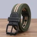 Canvas belt detail view, military green woven strap with black metal pin buckle and eyelets. - 120cm / Army Green Striped