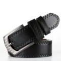 Men's black PU leather belt detailed view showing metal pin buckle and edge zigzag stitching. - 115cm / Black