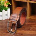 Men's brown leather belt with retro pin buckle, casual vintage waistband for jeans. - 95-115cm / Coffee