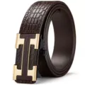 Cinturón de cuero con patrón de cocodrilo para hombre hebilla automática moda casual - Estilo Patrón Cocodrilo Letra H / 120cm / Dorado