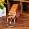 Men's retro PU leather belt with silver pin buckle, durable casual jeans belt detail view. - 95-115cm / Camel