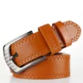Men fashion casual PU leather belt with pin buckle and stylish contrast stitching for daily wear - 115cm / Camel