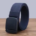 Detailed view of a dark blue nylon canvas belt with black plastic buckle for daily use. - 120cm / Navy Blue