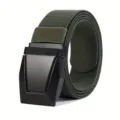 Army green nylon tactical belt detail, featuring a durable black metal buckle and strong webbing. - Army Green / 125cm