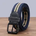 Men casual canvas belt with stylish stripe pattern and durable black metal pin buckle for daily wear. - 120cm / Navy Stripe
