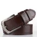 Close-up detail of dark brown mens casual PU leather belt with metal buckle and stitching. - 115cm / Coffee