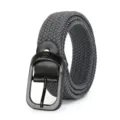 Detail view of a dark grey woven elastic belt featuring black metal buckle and stretch fabric. - Black Buckle Grey / 115cm