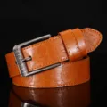 Men's casual brown leather belt with metal pin buckle and vintage portrait embossed design. - Brown / 115cm