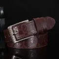 Men's brown faux leather casual belt with metal pin buckle and unique embossed portrait. - Coffee / 115cm