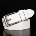 Close up view of white synthetic leather belt strap with embossed portrait pattern details. - White / 115cm