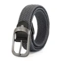 Detailed view of grey woven elastic belt with durable metal buckle and stylish leather tip. - Silver Buckle Grey / 115cm