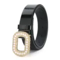 Elegant black patent leather belt featuring a gold-tone pearl rhinestone rectangular buckle. - Rectangular Pearl Rhinestone Style / Black